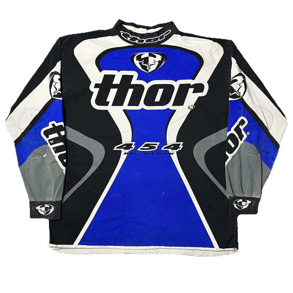 Vintage 90s Thor Motocross Jersey 454 Big Block Blue Black Moto Crewneck XL L