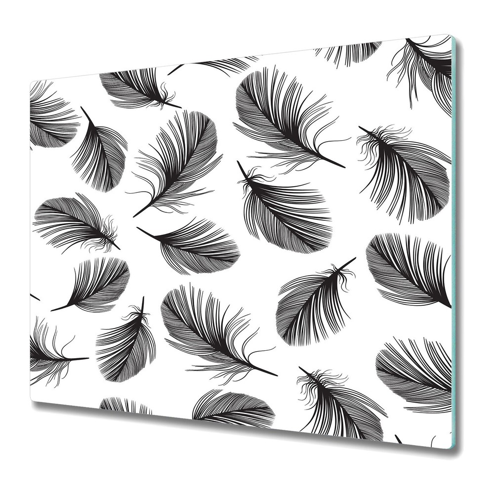 Glass Worktop Kitchen Chopping Board Hand-drawn feathers black and white 60x52