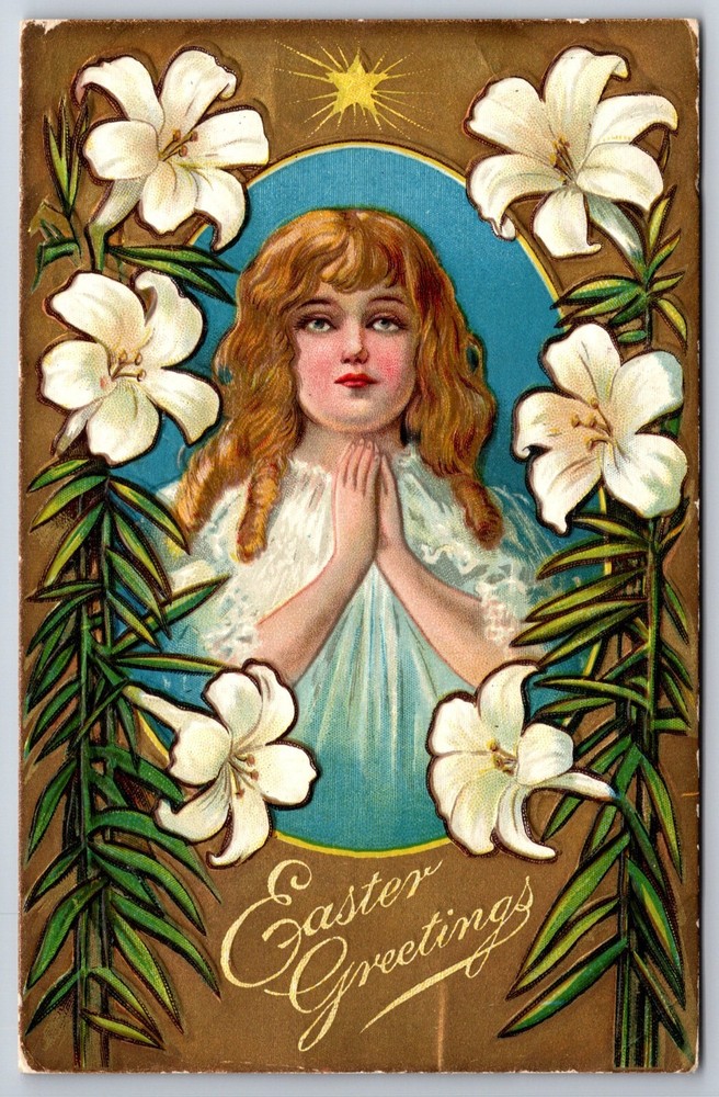 Holiday~Girl Praying White Daffodils Easter Greeting~Vintage Postcard