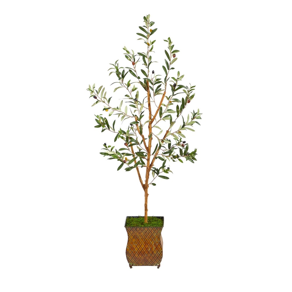 50-inch Olive Artificial Tree in Brown Metal Planter - 9-inch Base