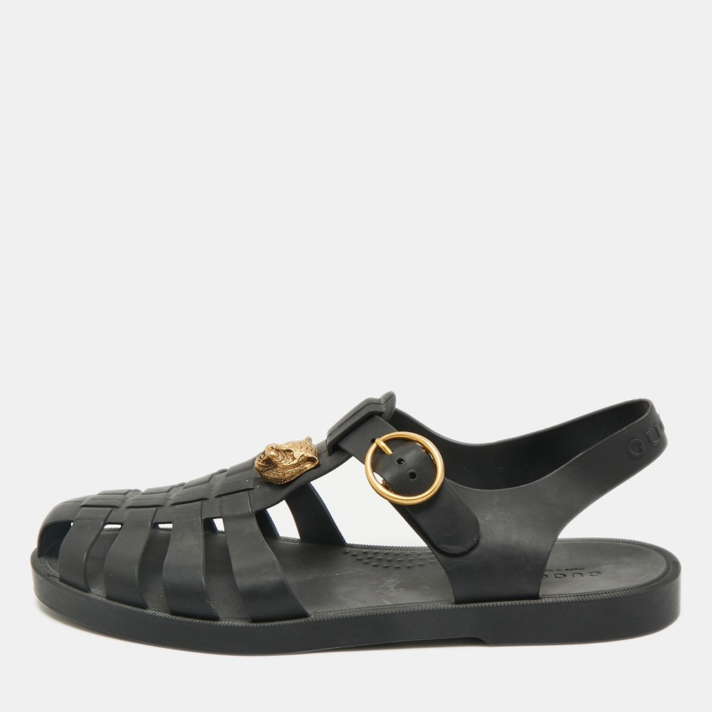 Gucci Black GG Marmont Tiger Buckle Strap Flat Sandals