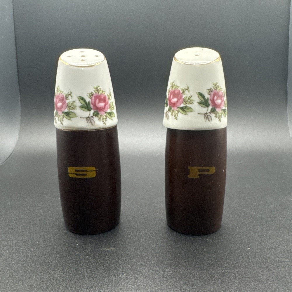 Vtg Nevco Teak Wood Floral Porcelain Salt & Pepper Shakers Mid Century Boho 4