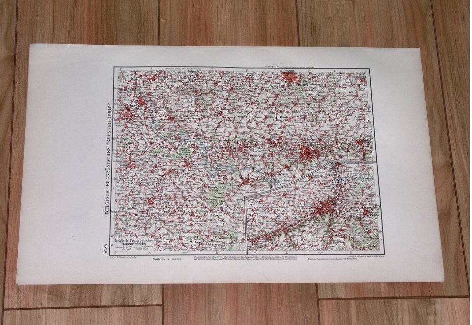 1924 Original Vintage Map Of Vicinity Of Lille France Liege Charleroi Belgium