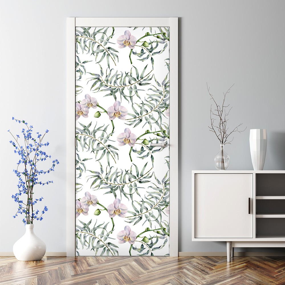 Pink Orchids Watercolor Bubble-Free Self-Adhesive Door Decal