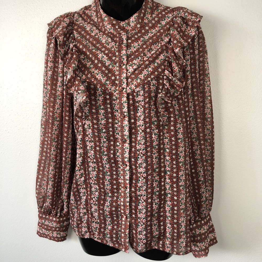 Lulus Floral High Neck Ruffle Long Sleeve Peasant Blouse Size Medium