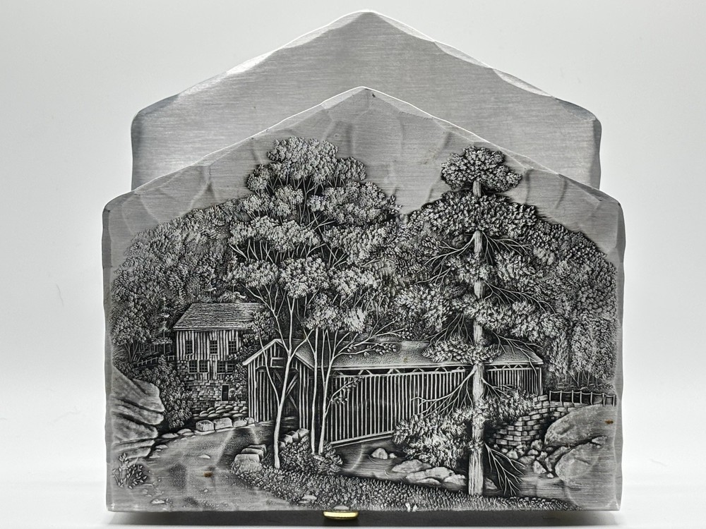 Wendell August Forge Aluminum Napkin Holder Covered Bridge Scene Handmade USA