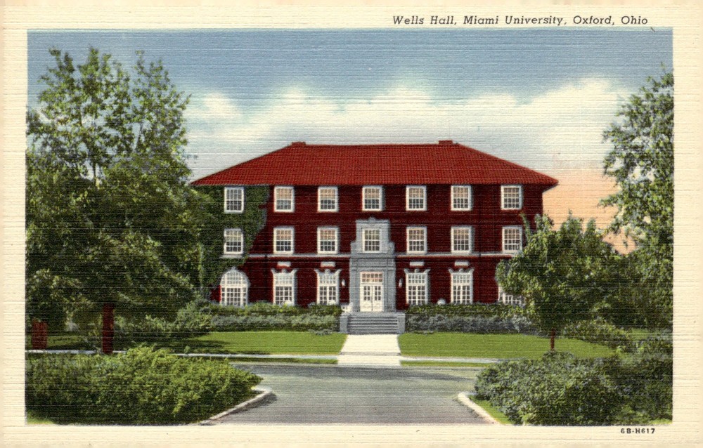 1940s Wells Hall Miami University Oxford Ohio Linen Art-Colortone Postcard