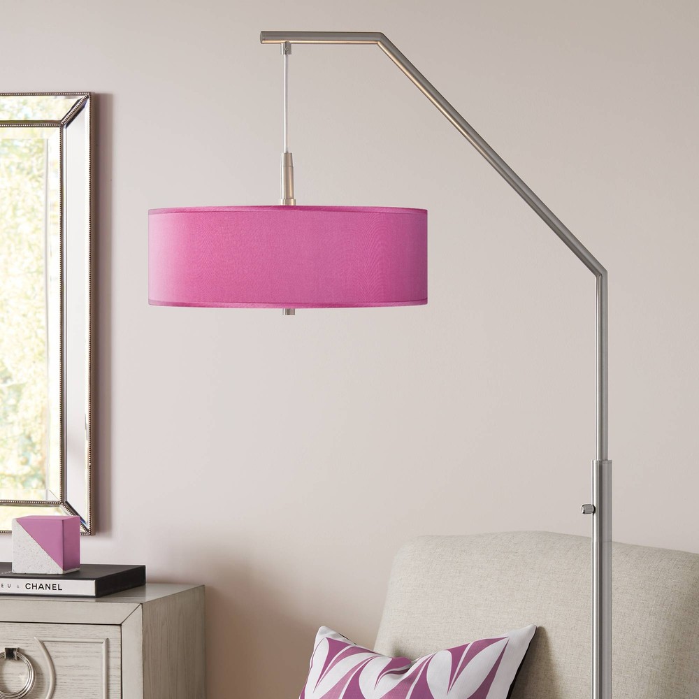 Modern Arc Floor Lamp Nickel Pink Orchid Faux Silk Shade for Living Room Reading