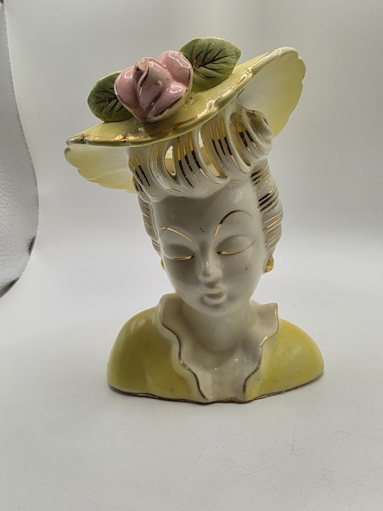 Vintage Ceramic Lady Head Planter Vase Closed Eyes Gilded Kitschy No Lashes