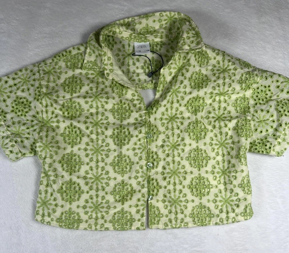 ZARA Shirt Girls 10 Green Embroidered Floral Cropped Backless Button Front