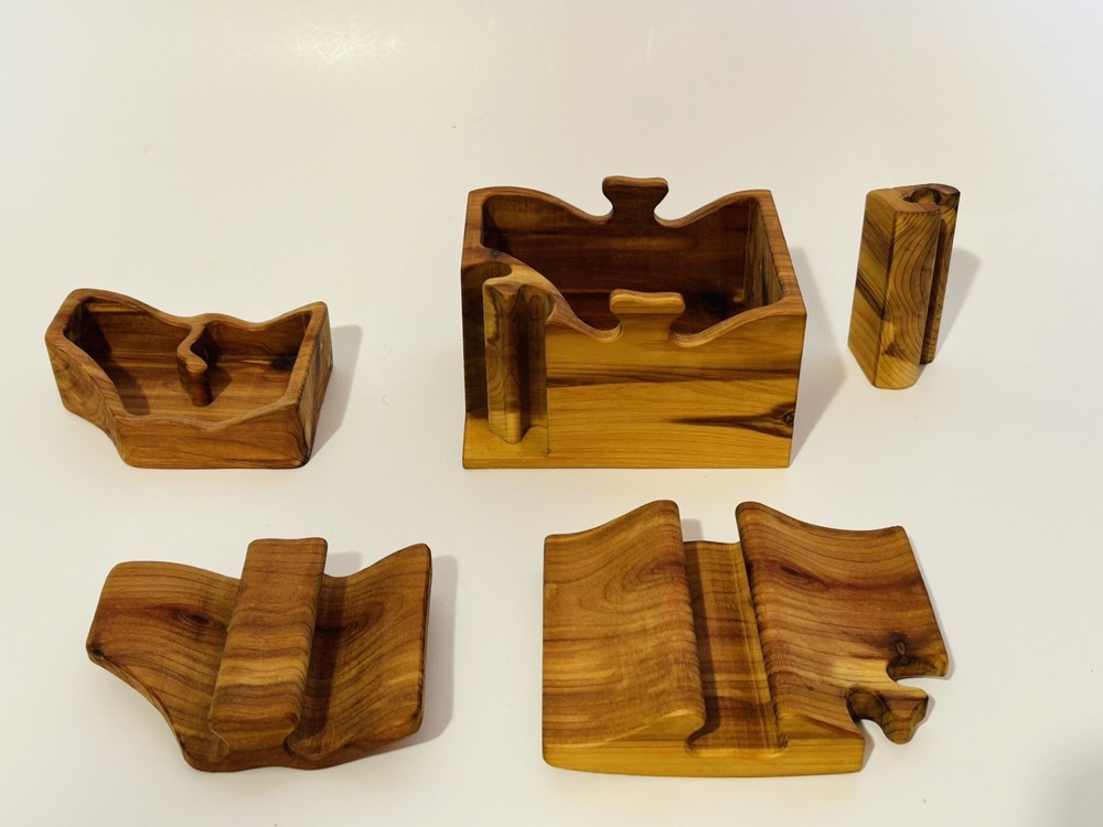Handcrafted Wood Puzzle Box with Carved Compartments, Abstract Art, Brown Small-image