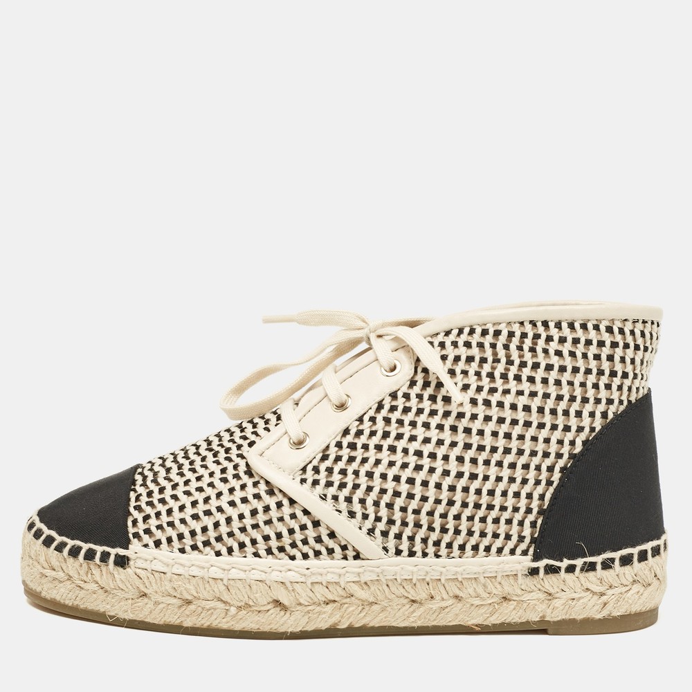 Chanel Beige CC High Top Sneakers in Woven Canvas & Grosgrain Size 36