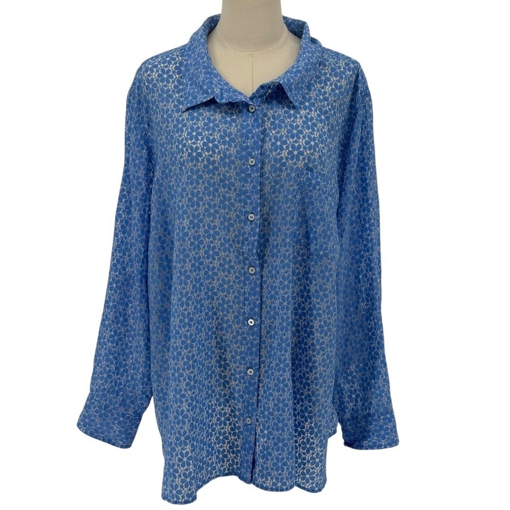 Tommy Hilfiger Blue & White Sheer Blue Long Sleeve Button Up Shirt (Size 2X)