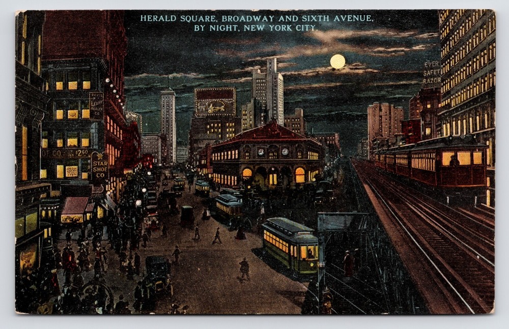 Herald Square Broadway Sixth Avenue 33rd Night New York City NYC c1908 Postcard