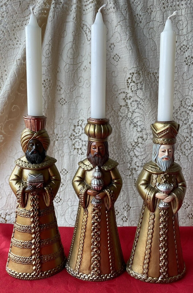 Christmas Wisemen Candle Holders 3 Resin Painted Gold, Copper & Silver 10” Tall