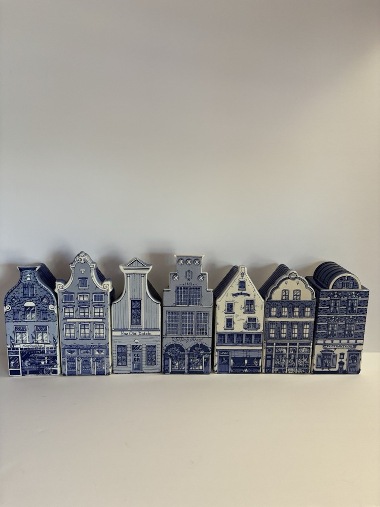 Vintage Delft Blue Hand painted In Holland Canal Homes Village 6” Set Of 7