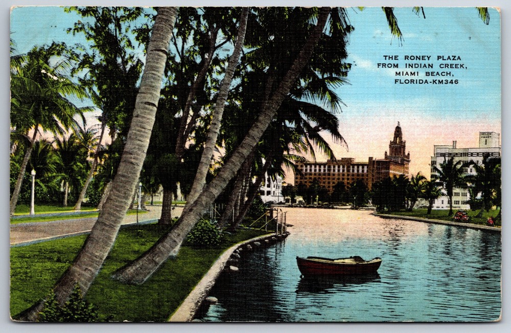 Miami Beach Florida~Roney Plaza From Indian Creek & Boat~Vintage Linen Postcard