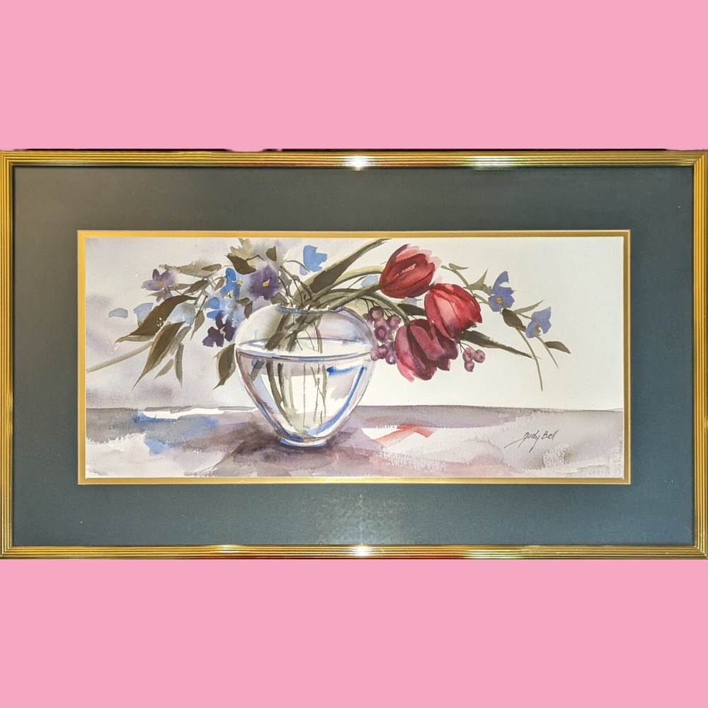 ✨ Judith JUDY BELL Original Watercolor Art Flowers Vase Floral Painting Signed