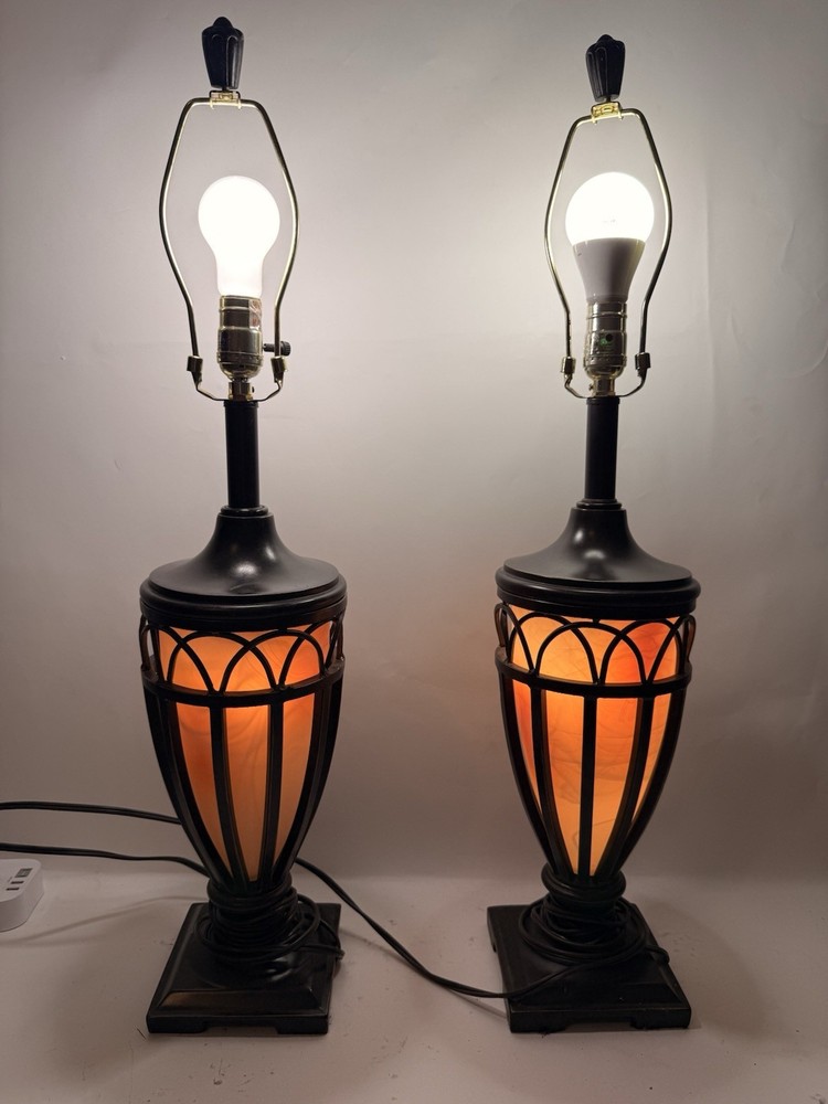 STUNNING PAIR of Vintage Art Nouveau Slag Glass Urn Lamps - Set of 2 Table Lamps