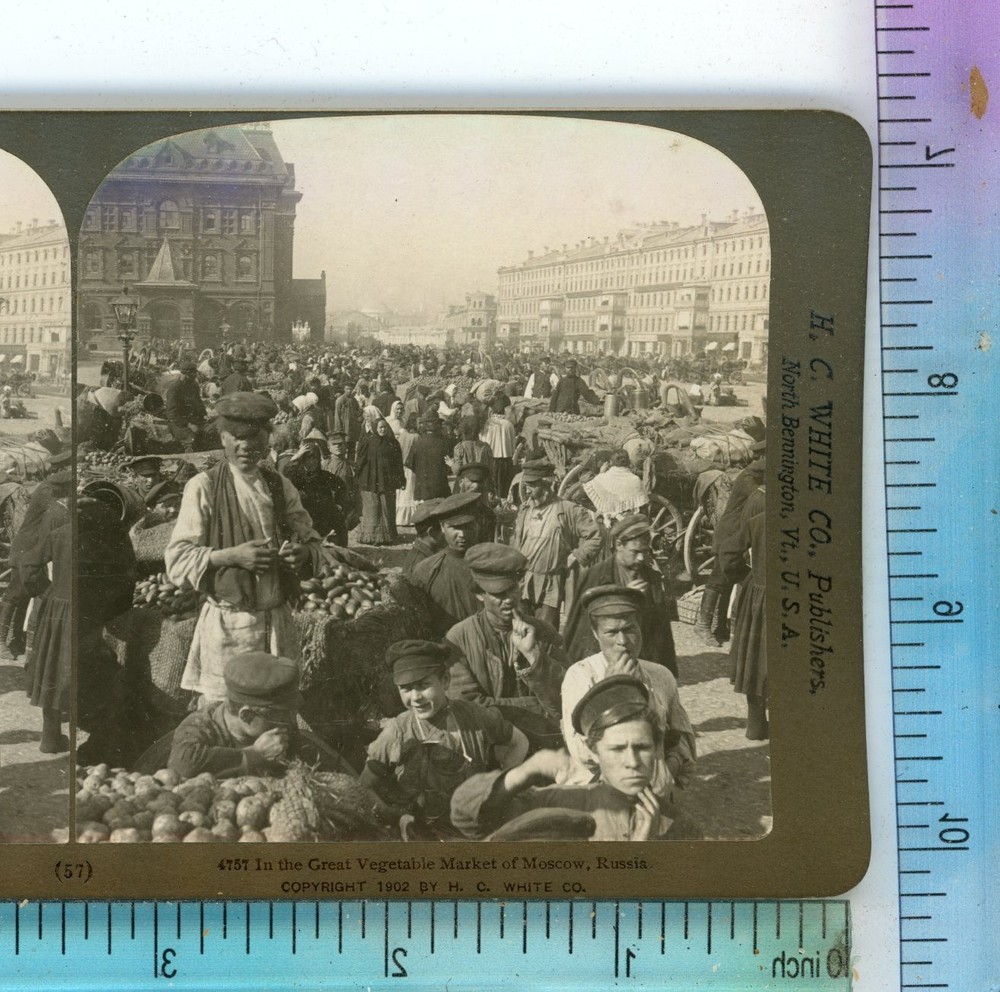 In The Great Vegetable Market Moscow Russia H.C. White Stereoview