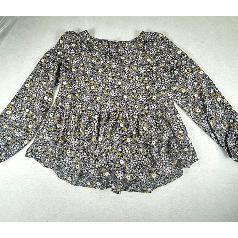 LOFT Outlet Women Grey Floral V-Neck Peplum Blouse Long Sleeve Size S 577918