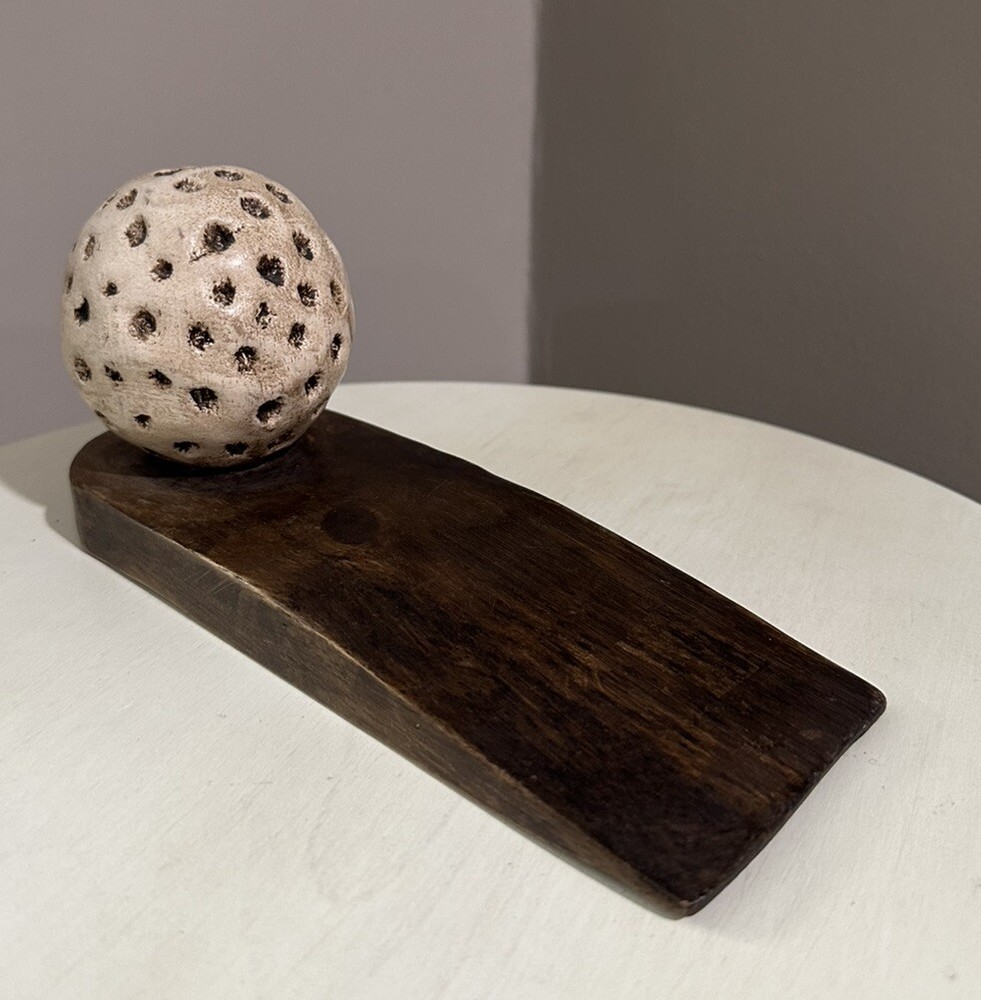 Acacia Wood Golf Ball Wedge Doorstop Hand Carved from Thailand. New-image