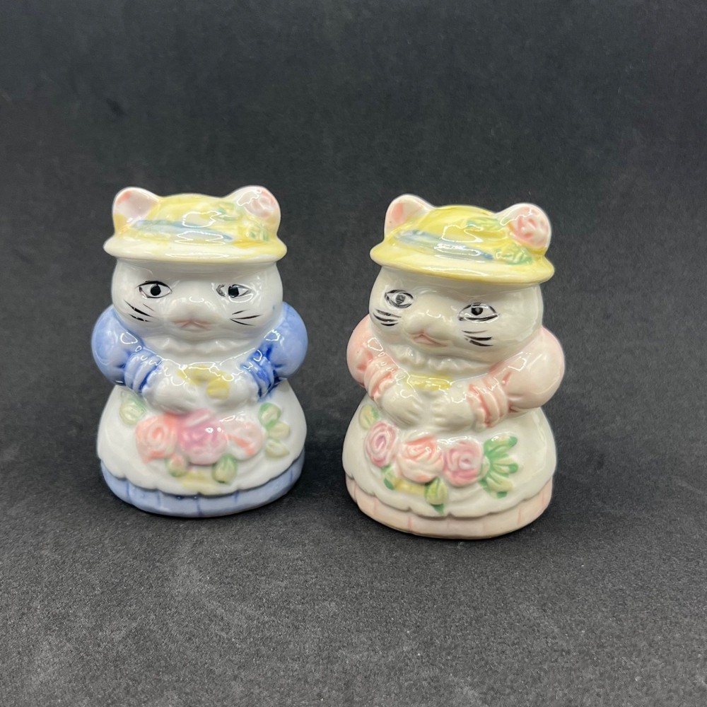 Vintage Anthropomorphic Cat Salt Pepper Shakers Kitsch Kitty Outfits Vtg Set