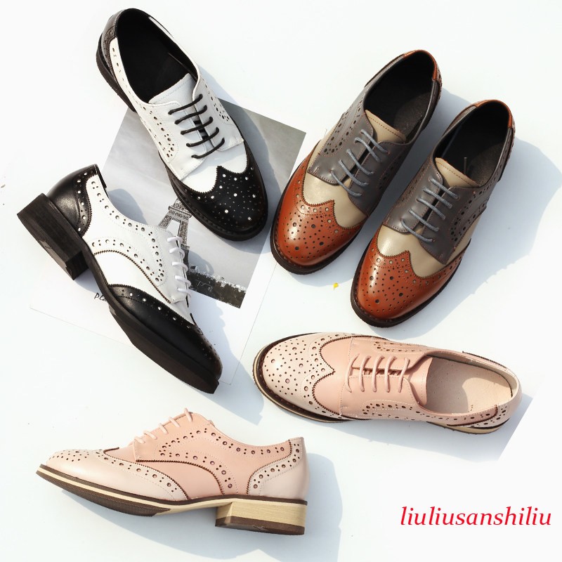 Women's Real Leather Lace Up Wingtip Brogues Carved Oxfords British Pumps Shoes