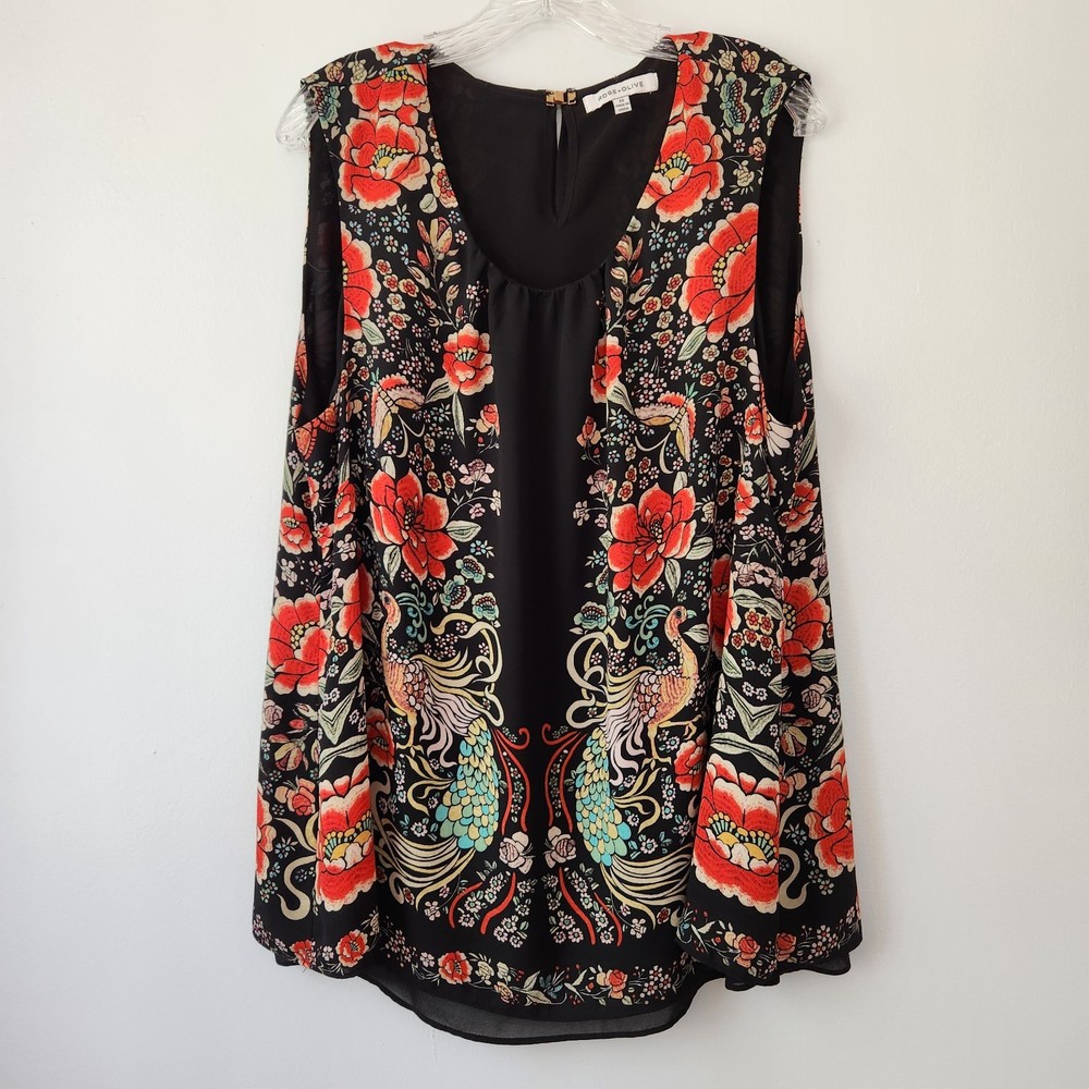 Rose + Olive Top Women's 2X Black Red Floral Tunic Office Workwear Cottagecore