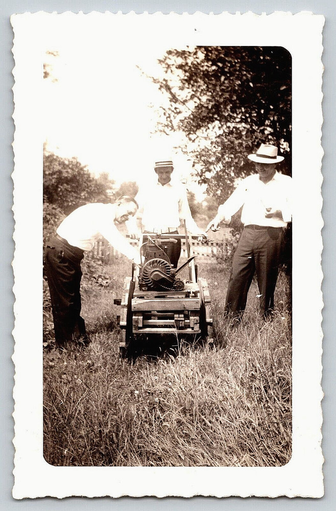 Vintage Old Antique Outdoor Photo Picture Grass Men Working On Lawn Machine