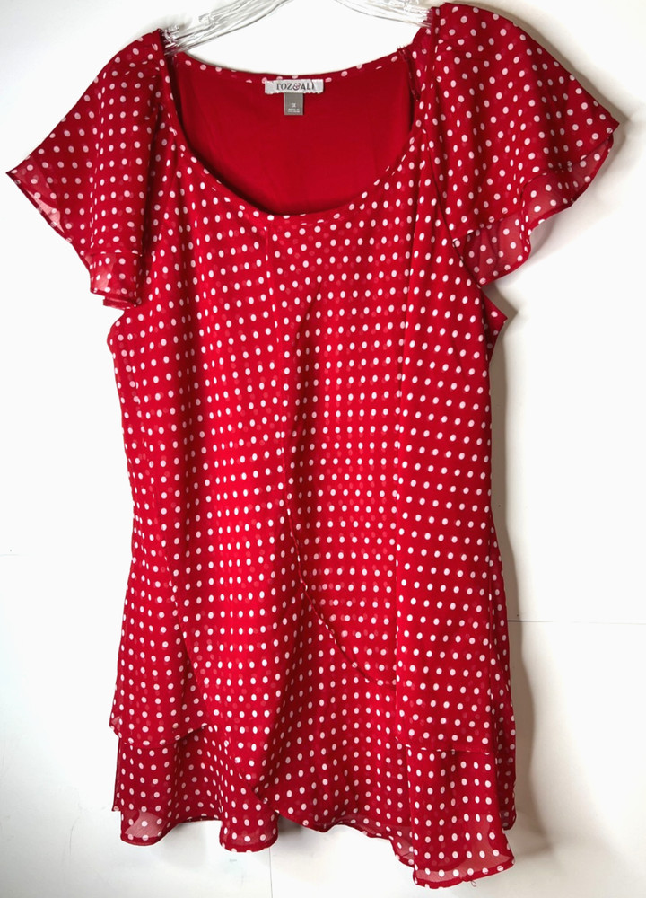 Roz & Ali Size 1X Red & White Polka Dot Chiffon Blouse Ruffled Lined Semi Sheer