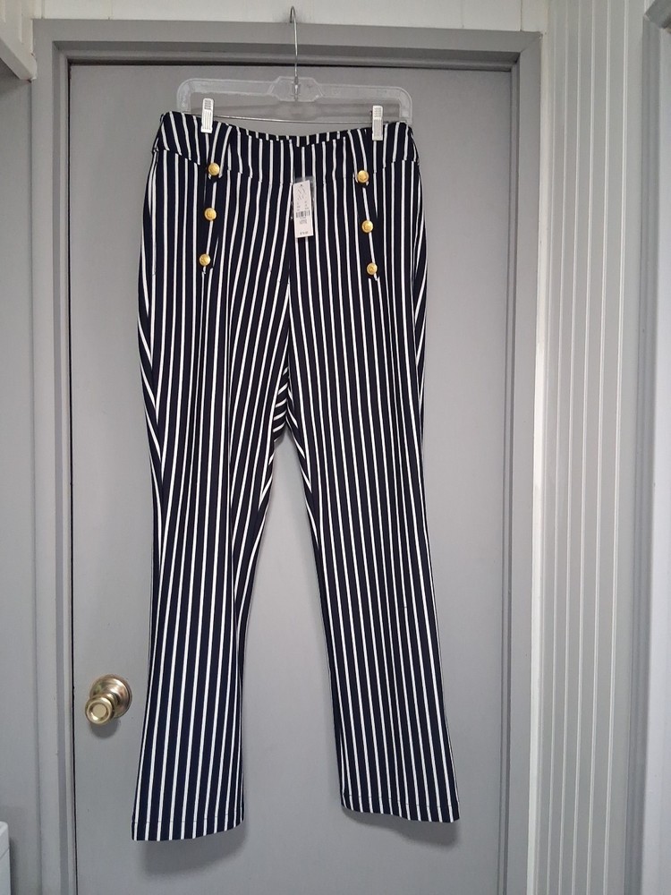 Women's New Pants Sz L Petite New York & Company Navy White Strips Gold Buttons