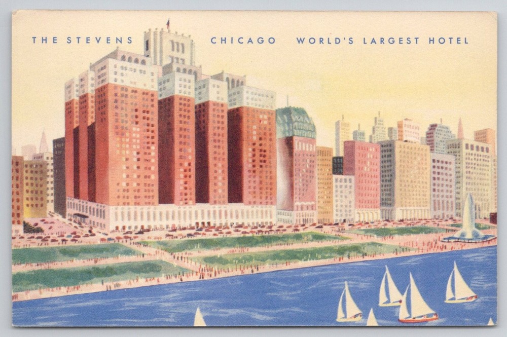 The Stevens Chicago Hotel Michigan Blvd Grant Park Lake Art Postcard