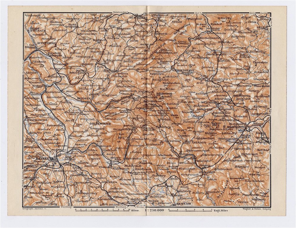 1910 Antique Map Of Vicinity Of Bayreuth Fichtel Mountains / Bavaria Germany