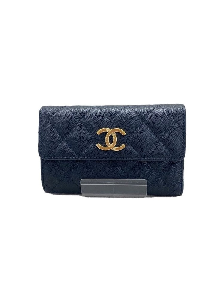CHANEL Compact Wallet AP3051 Matelassé Caviar Leather Gold CC Black Pre-Loved