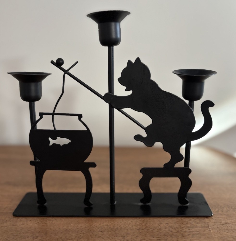 Cat Fishing In Fishbowl Metal Candle Holder Pensco Vintage 1980s