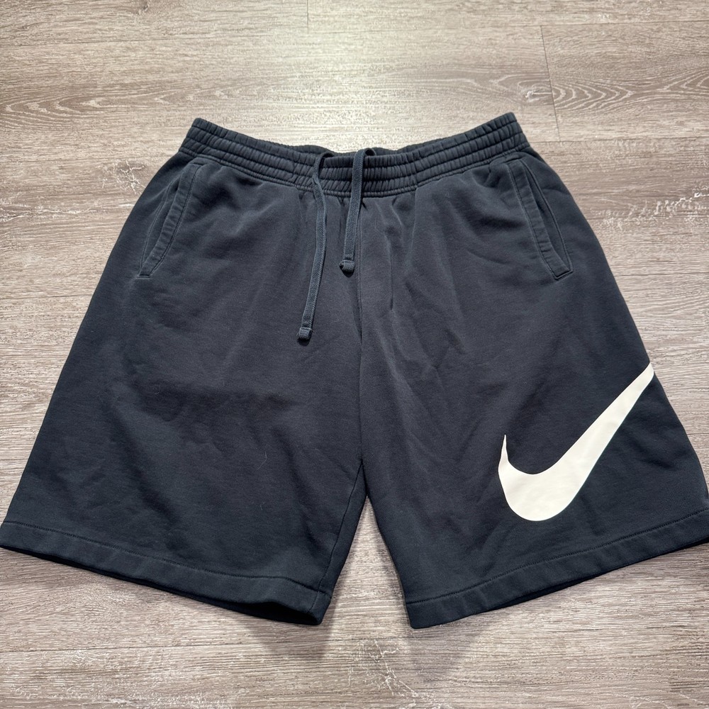 Nike Shorts Mens Large Black Big Swoosh Logo Fleece Sportswear Drawstring 10