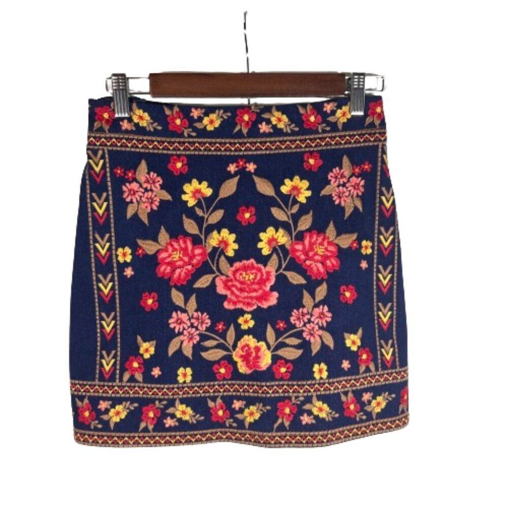 Savanna Jane Womens Embroidered Floral Denim Skirt Size S Western Boho Festival