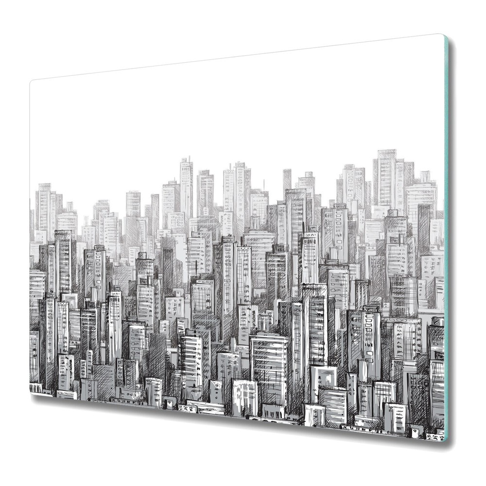Glass Chopping Cutting Board Black and white City Hand Drawing 60x52