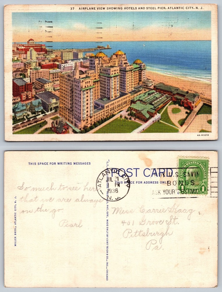 1936 Atlantic City NJ Airplane View Hotels Steel Pier Linen Postcard