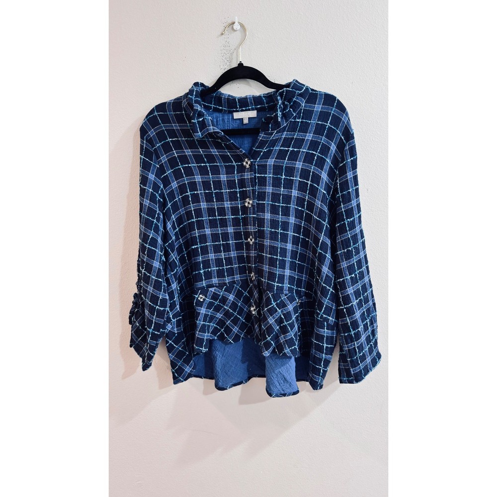 Habitat Womens Large Button Up Shirt  Artsy Buttons Textured Roll Tab Plaid