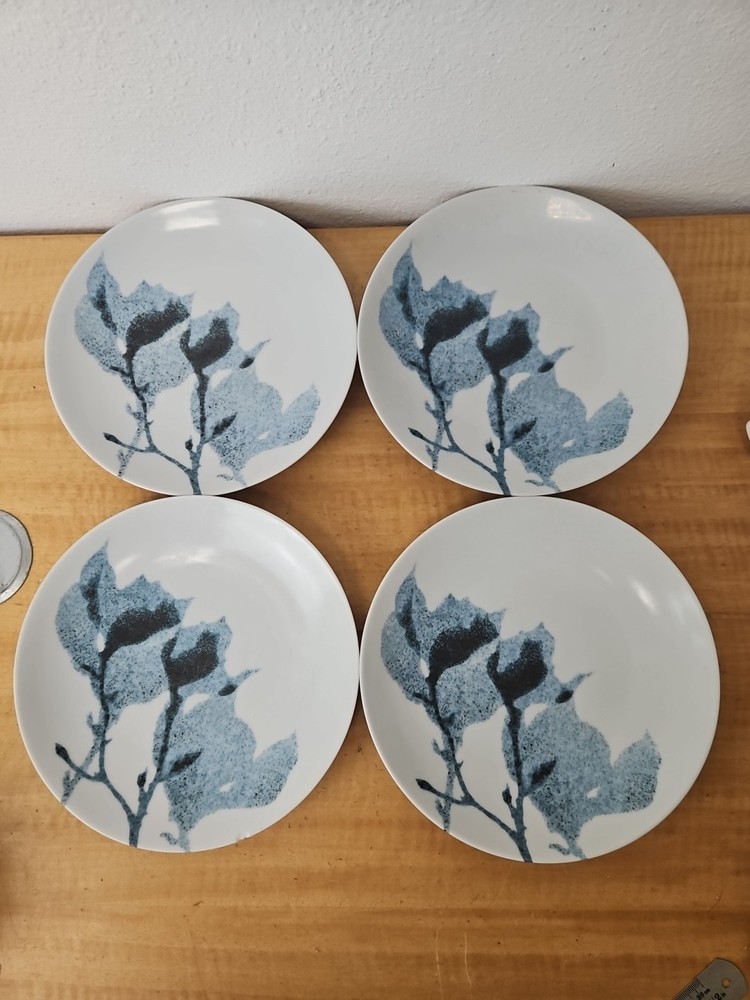 DANSK SILHUET Blue and White Porcelain SALAD PLATES SET OF 4  8 1/2