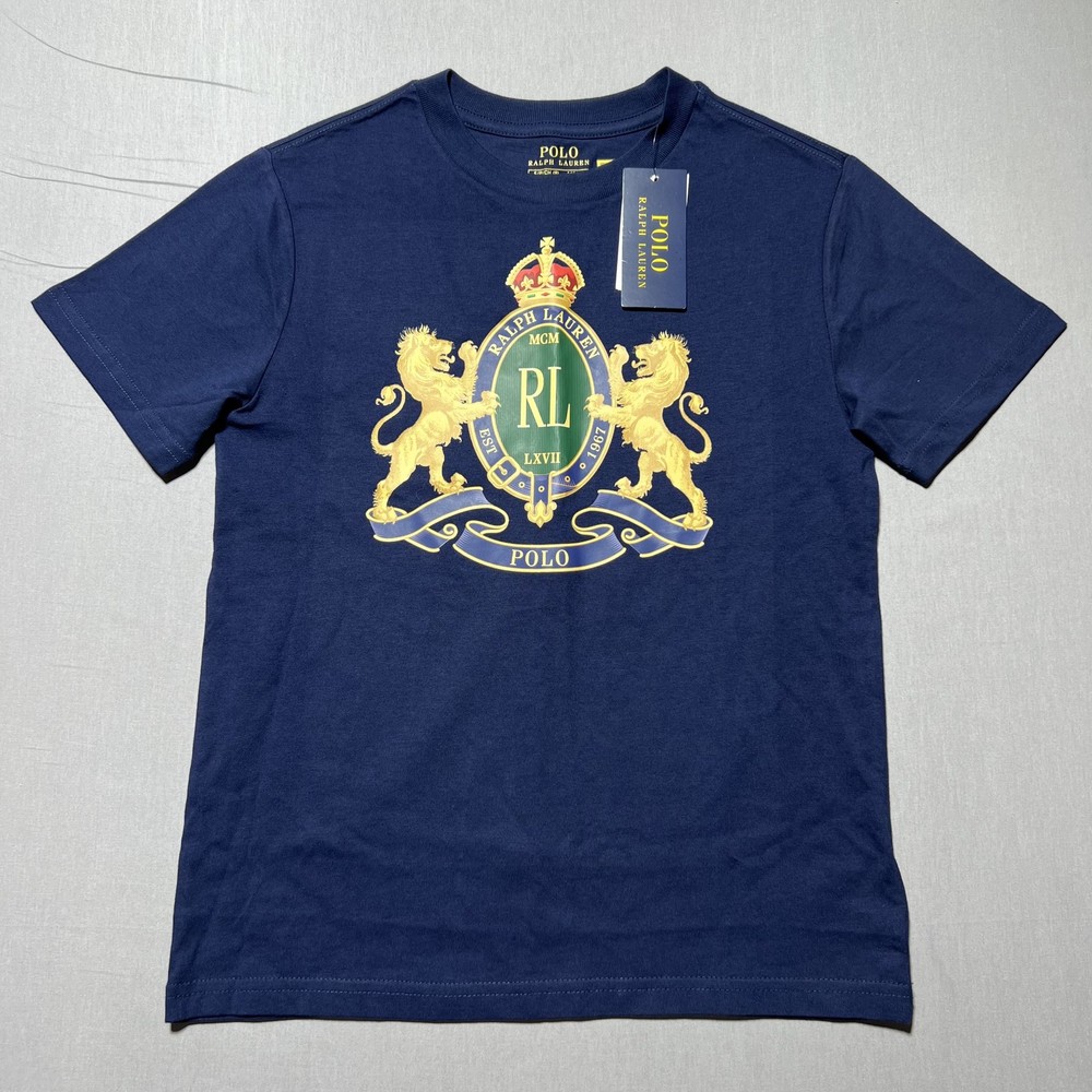 Polo Ralph Lauren Shirt Boys Small 8 Navy Blue Crest Logo Graphic Cotton Tee