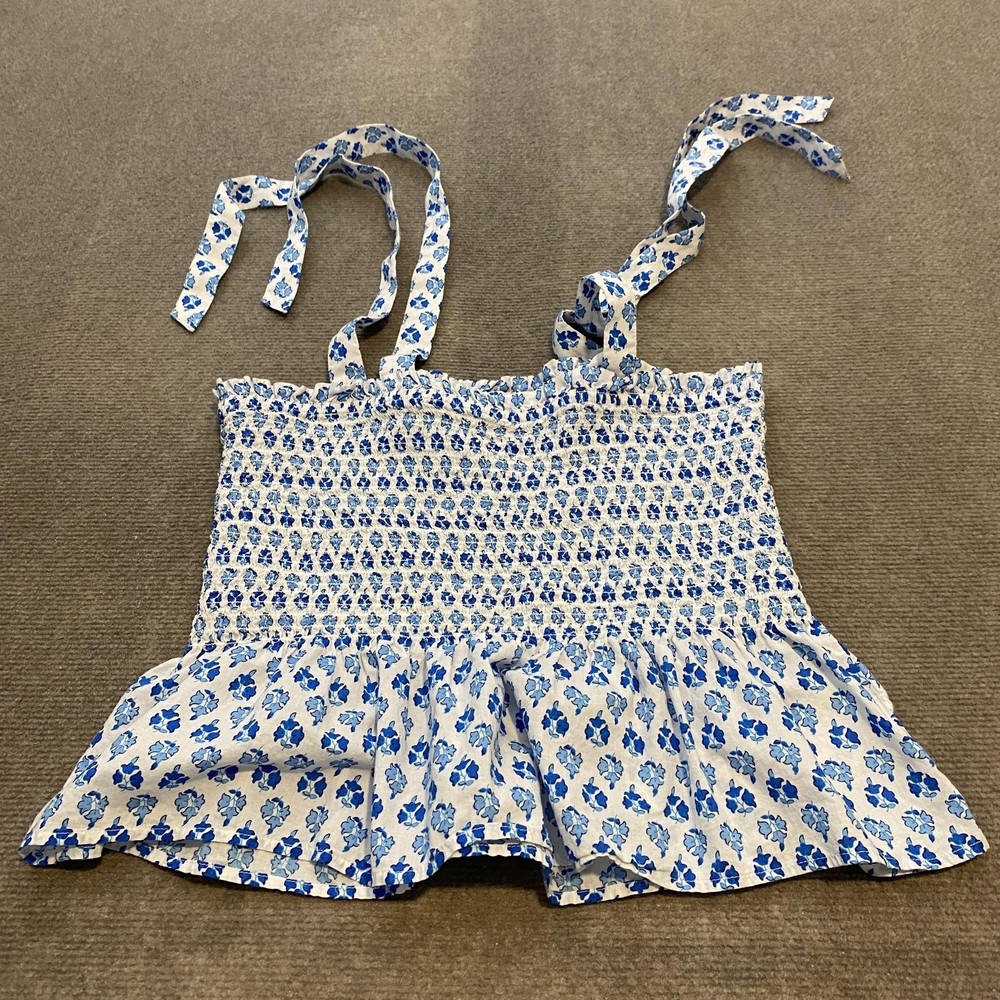 J Crew Shirt Womens Medium Blue White Floral Smocked Peplum Cami Top Summer