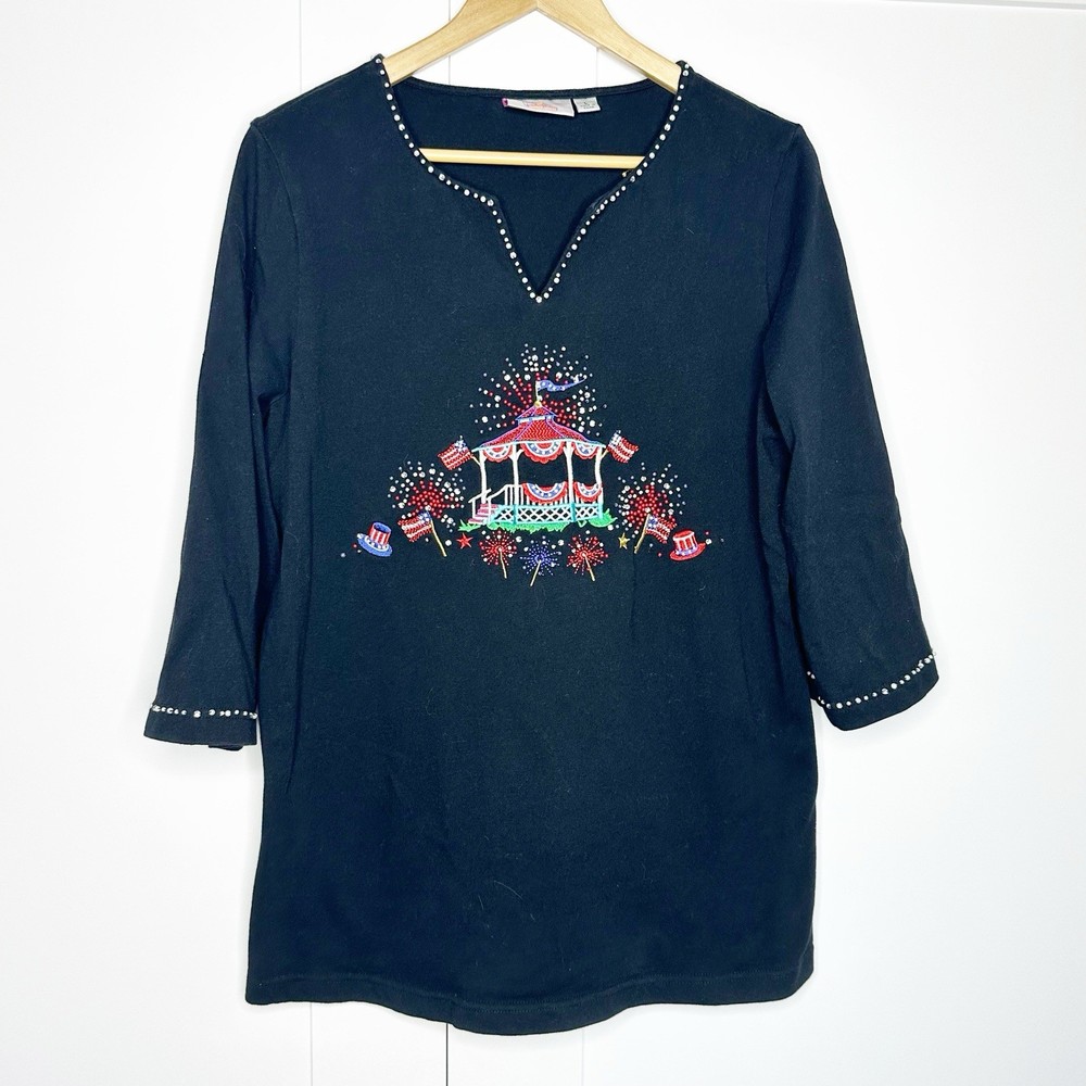 Quacker Factory 4th of July Patriotic Gazebo Rhinestone Tunic Top Large black