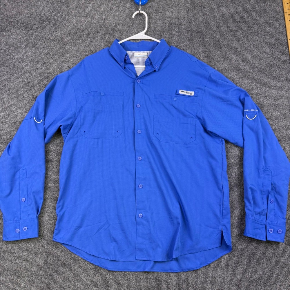 Columbia PFG Tamiami II Long Sleeve Fishing Shirt Mens Medium Blue Omni-Shade