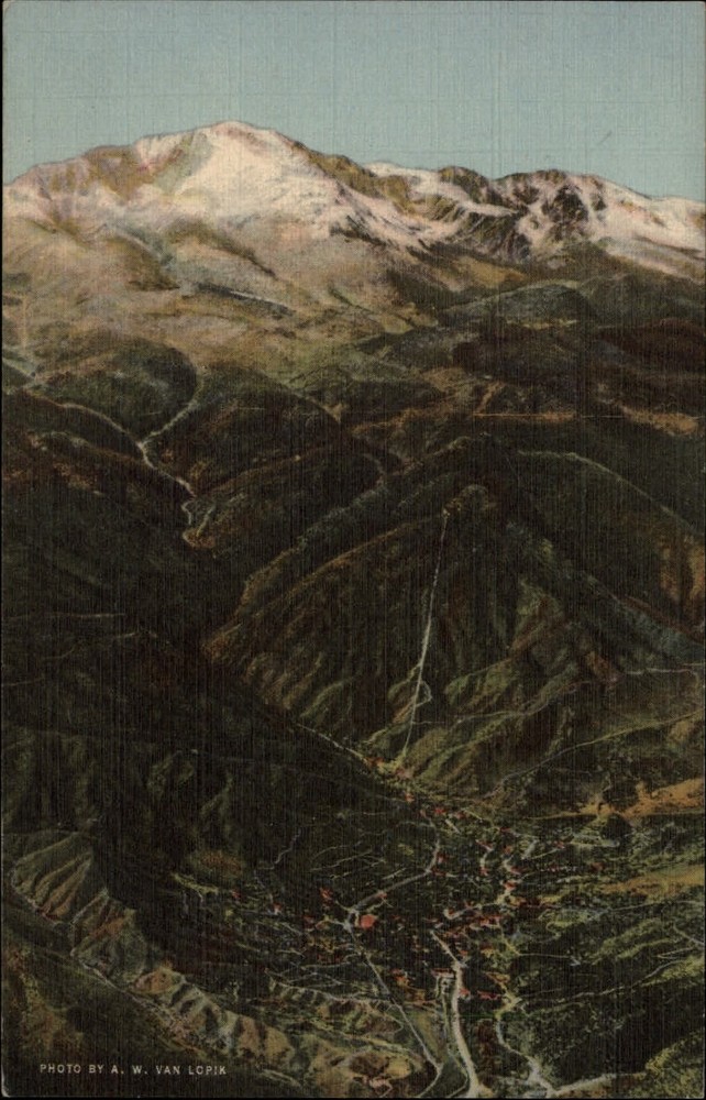 Manitou Springs Colorado valley at foot of Pikes Peak ~ unused linen postcard