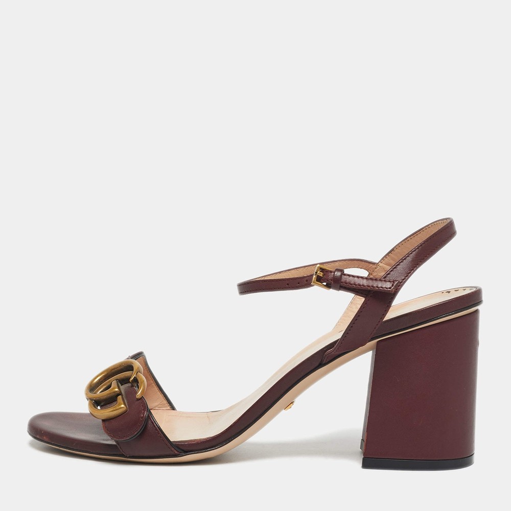 Gucci Burgundy Leather GG Marmont Ankle Strap Sandals Size 38