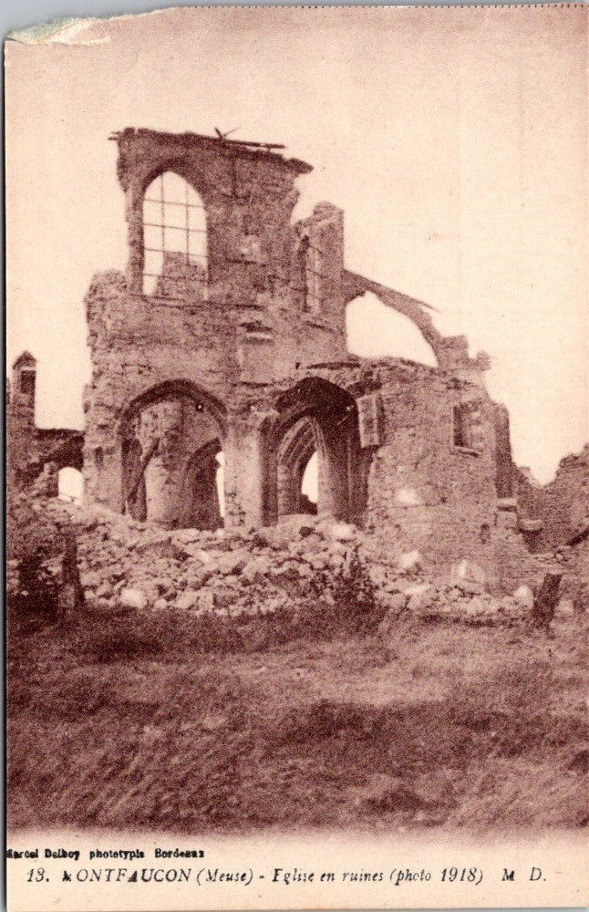 Montfaucon WWI Church in Ruins Meuse 1918 Collotype Postcard M D Delboy