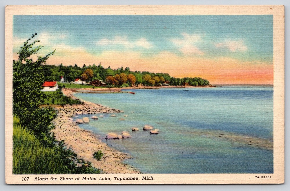 Topinabee Michigan~Along Mullet Lake Shore Scene~Dock~Dusk~Linen 1940s Postcard